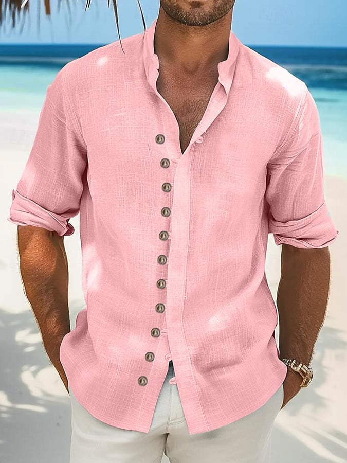 Camisa de color sólido Hawaiian de manga larga Stand Collar Multi-Button para hombre