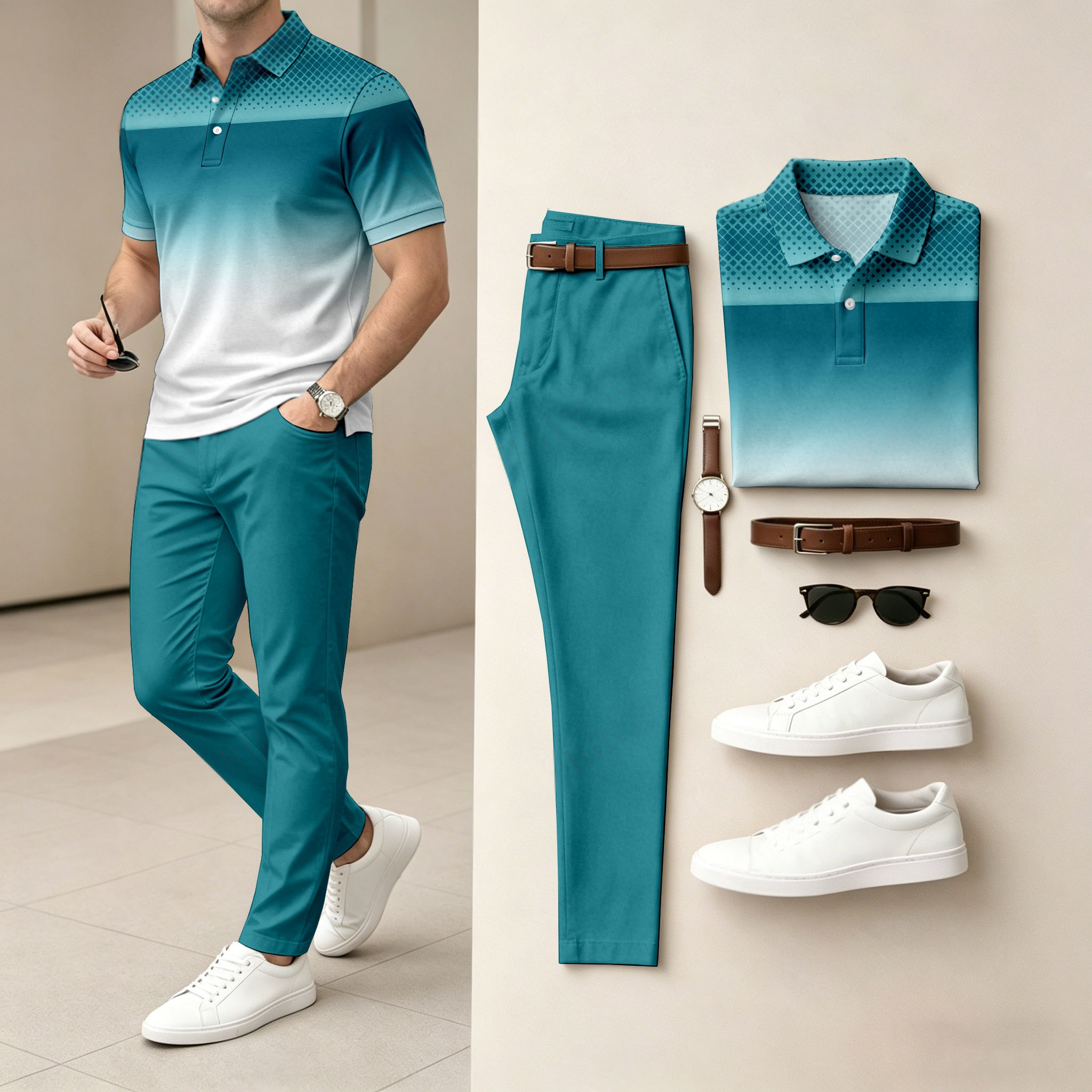 Conjunto de dos piezas casual Gradient estampado camisa polo And pantalón para hombre