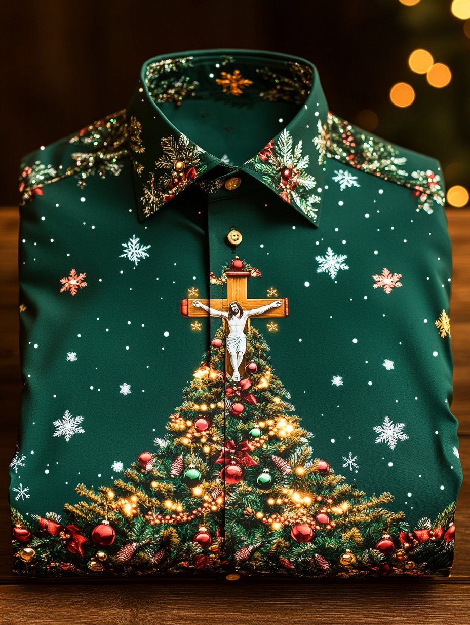 Camisa ejecutivo Christmas Jesus and Christmas Tree estampado de manga larga para hombre