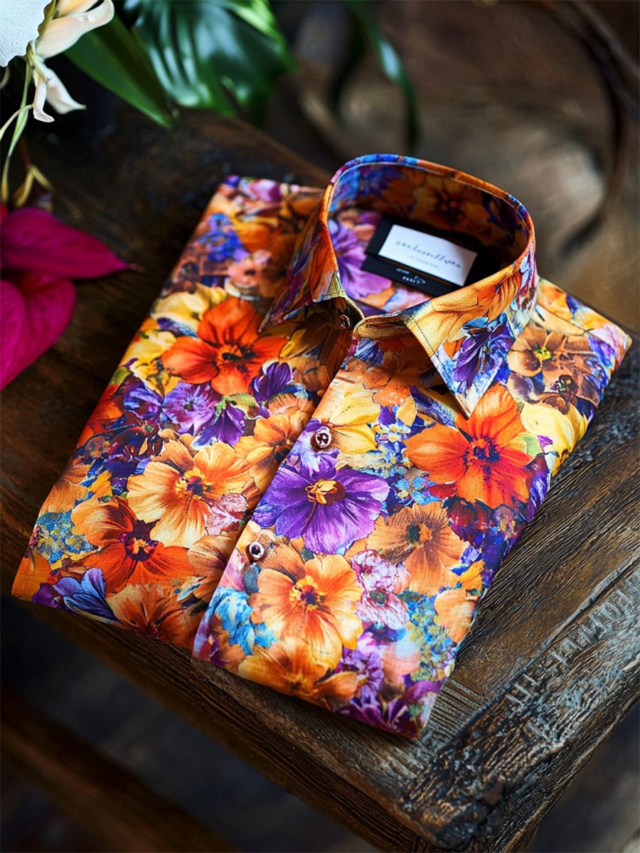 Camisa satén Luxe hawaiano estampado de manga corta Button para hombre