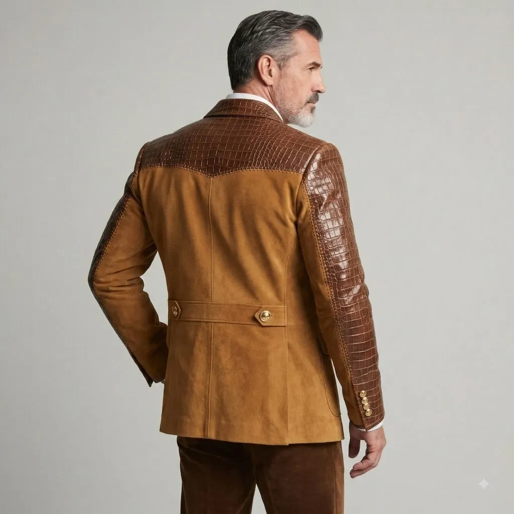 para hombre Brown Suede Patchwork PU Leather Peak Lapel Single Pockets Breasted de corte entallado saco