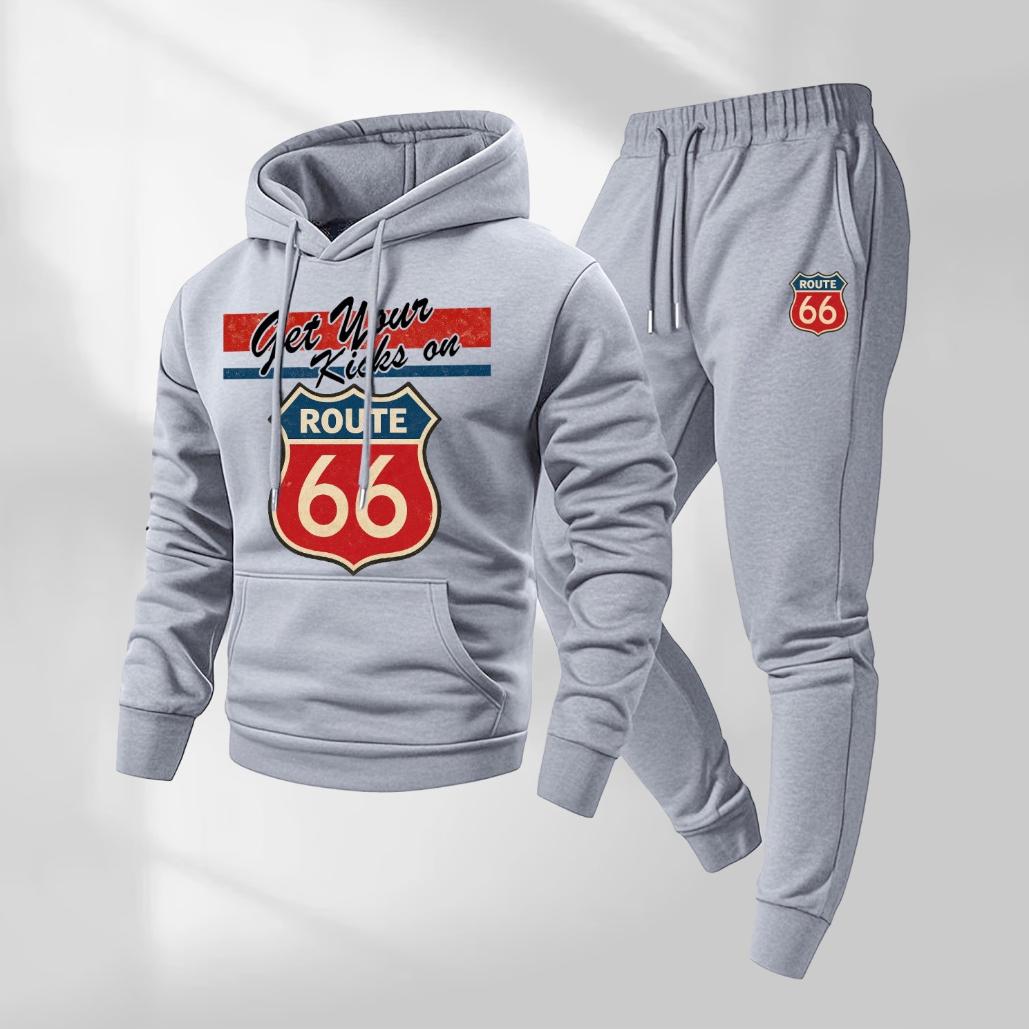 Sudadera con capucha Route 66 retro Patterned And Drawstring Track pantalón Set, casual Athletic de manga larga Hooded chaqueta And pantalón, Suitable For Fall And Winter, Street Style sudadera con capucha Set, Everyday Wear, Indoor And para exterior Sportswear, para hombre