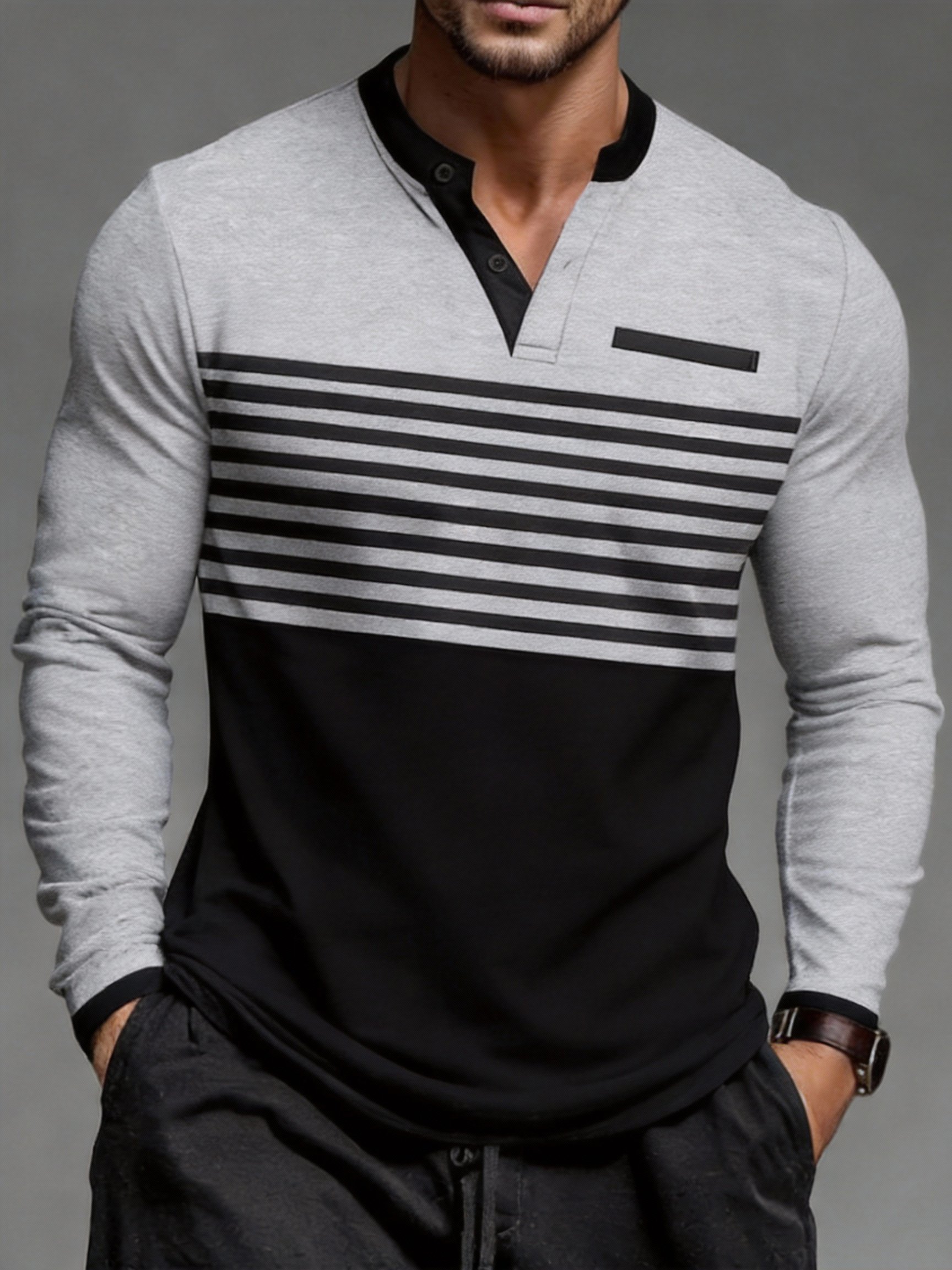 Camiseta casual Color-Block Patchpara trabajo Henley Neck de manga larga para hombre