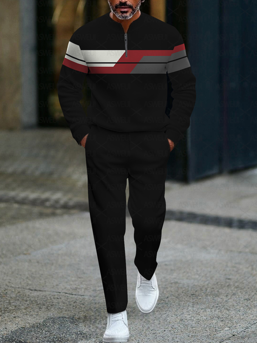 Conjunto de dos piezas de moda casual geometric estampado de manga larga zipper para hombre