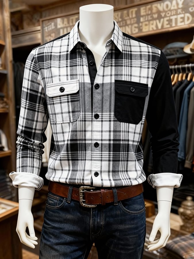 Camisa retro a cuadros Contrast Color de manga larga para hombre