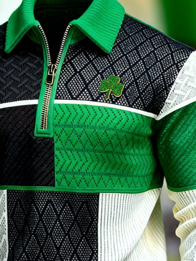 Sudadera (Detachable Shamrock Brooch Included) St. Patrick's Day estampado Color-Block con cierre con gorrasucha para hombre