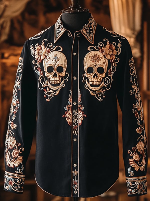 Camisa para exterior vintage Skull and floral estampado de manga larga para hombre