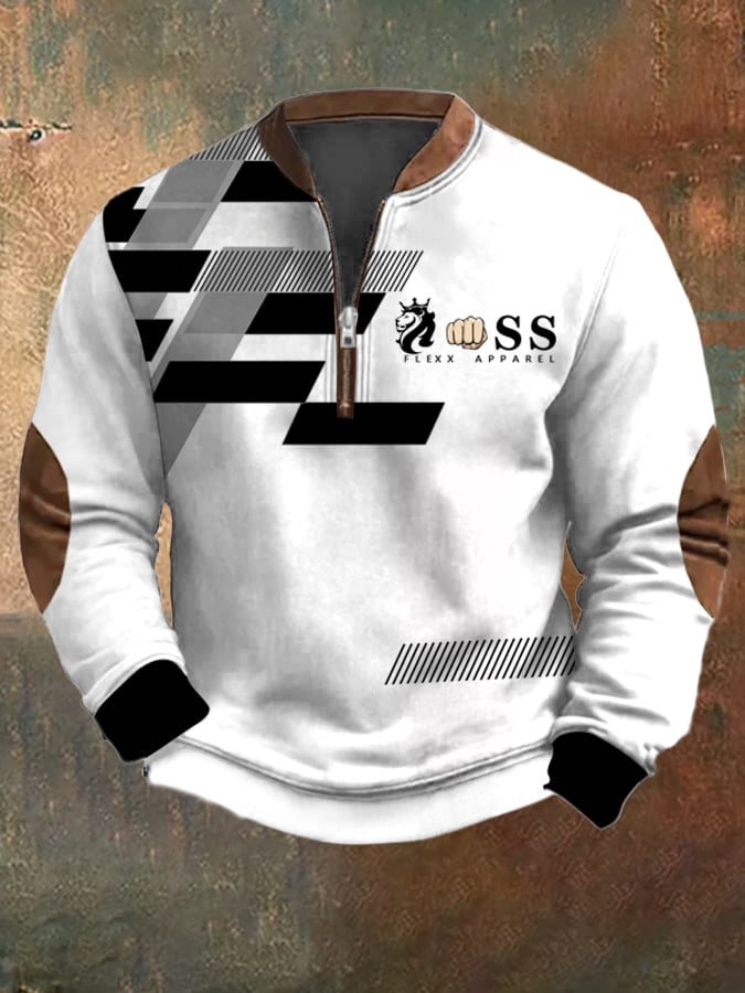 Sudadera retro Letter Design estampado casual cierre cuello de manga larga para hombre
