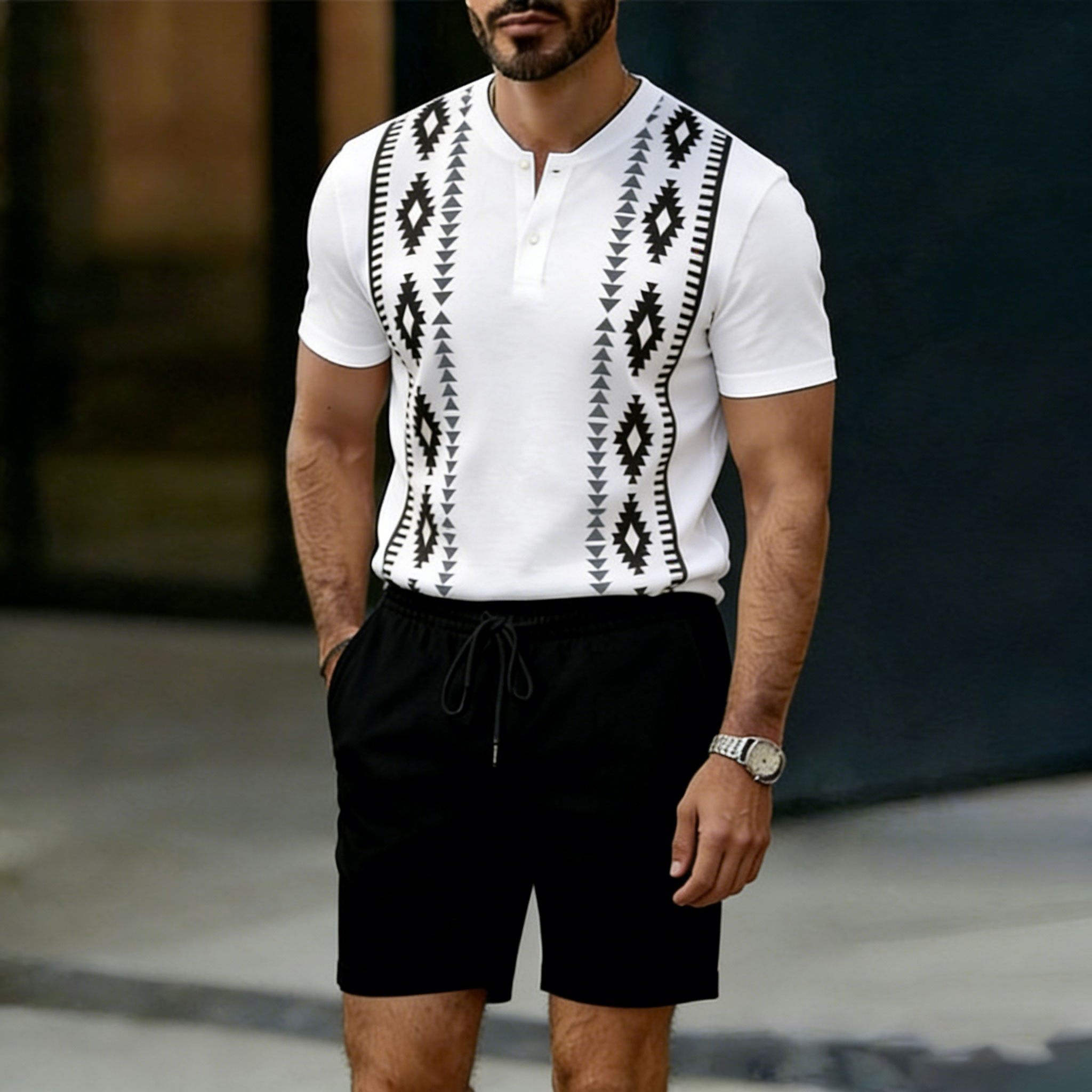Conjunto de dos piezas casual White estampado Crew Neck Button-Up de manga corta camiseta And shorts para hombre