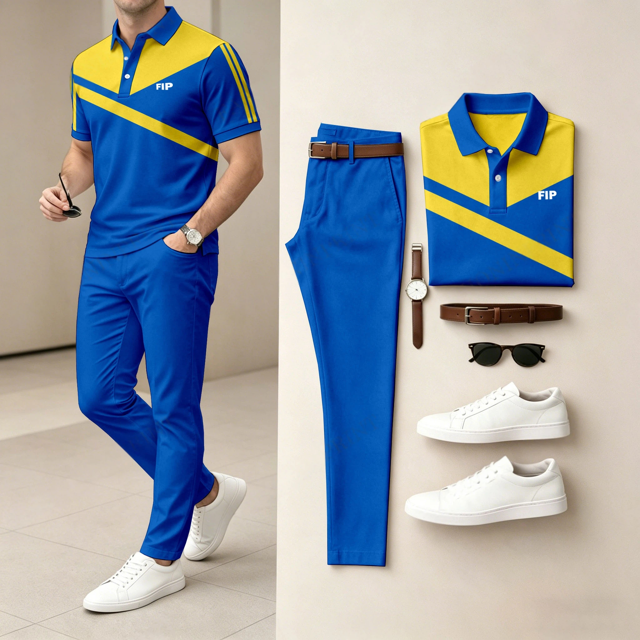 Conjunto de dos piezas casual Contrasting estampado camisa polo And pantalón para hombre