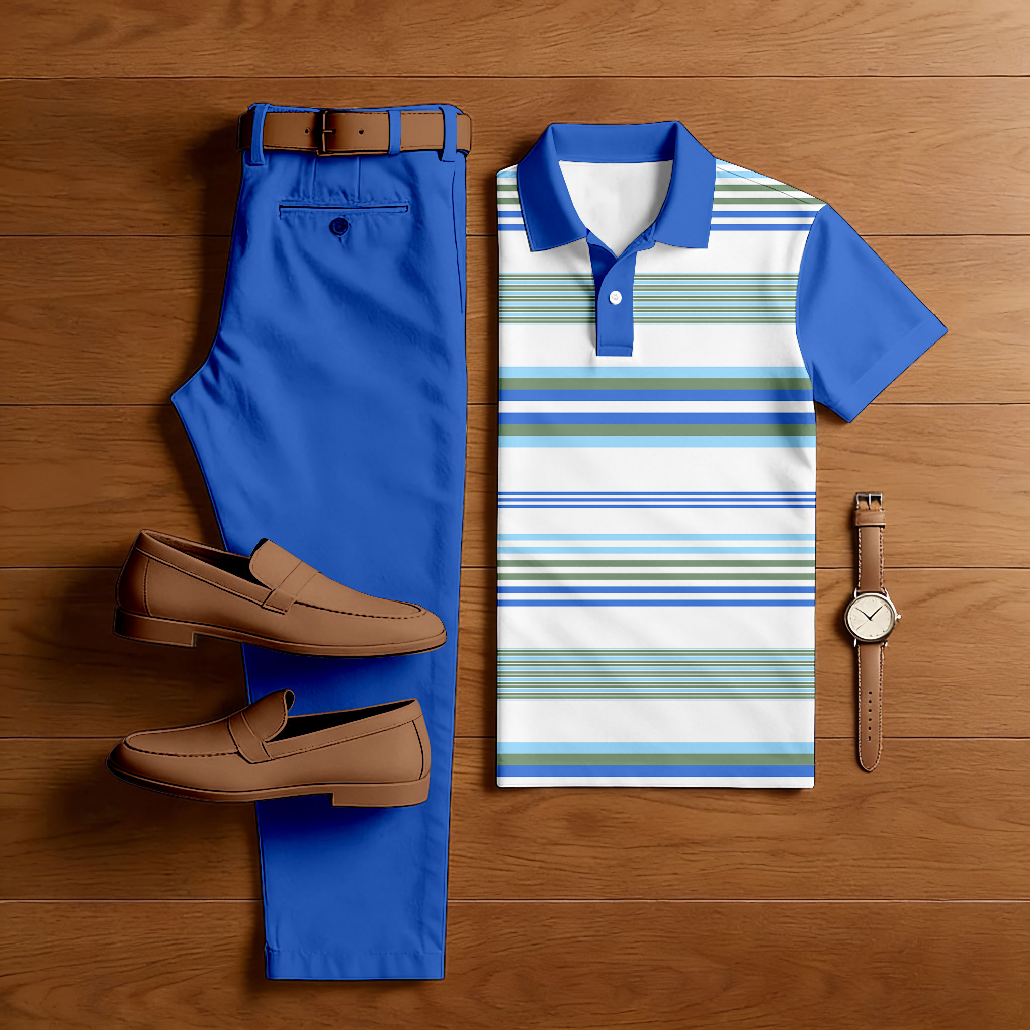 Conjunto de dos piezas casual Royal Blue & White Color Matching a rayas estampado de manga corta camisa polo & Trousers para hombre