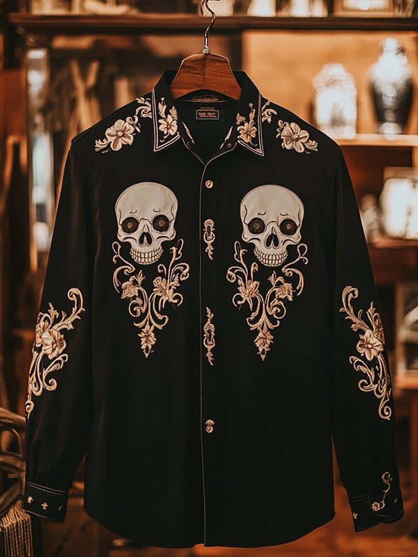 Camisa retro casual Skull estampado de manga larga para hombre