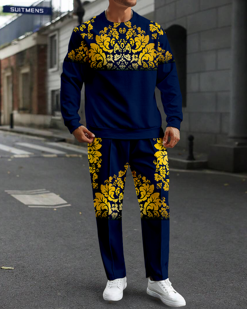 Dark Blue Round Neck casual Sports Set 071 para hombre