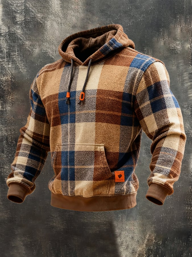 Sudadera retro a cuadros Contrast Color Hooded para hombre