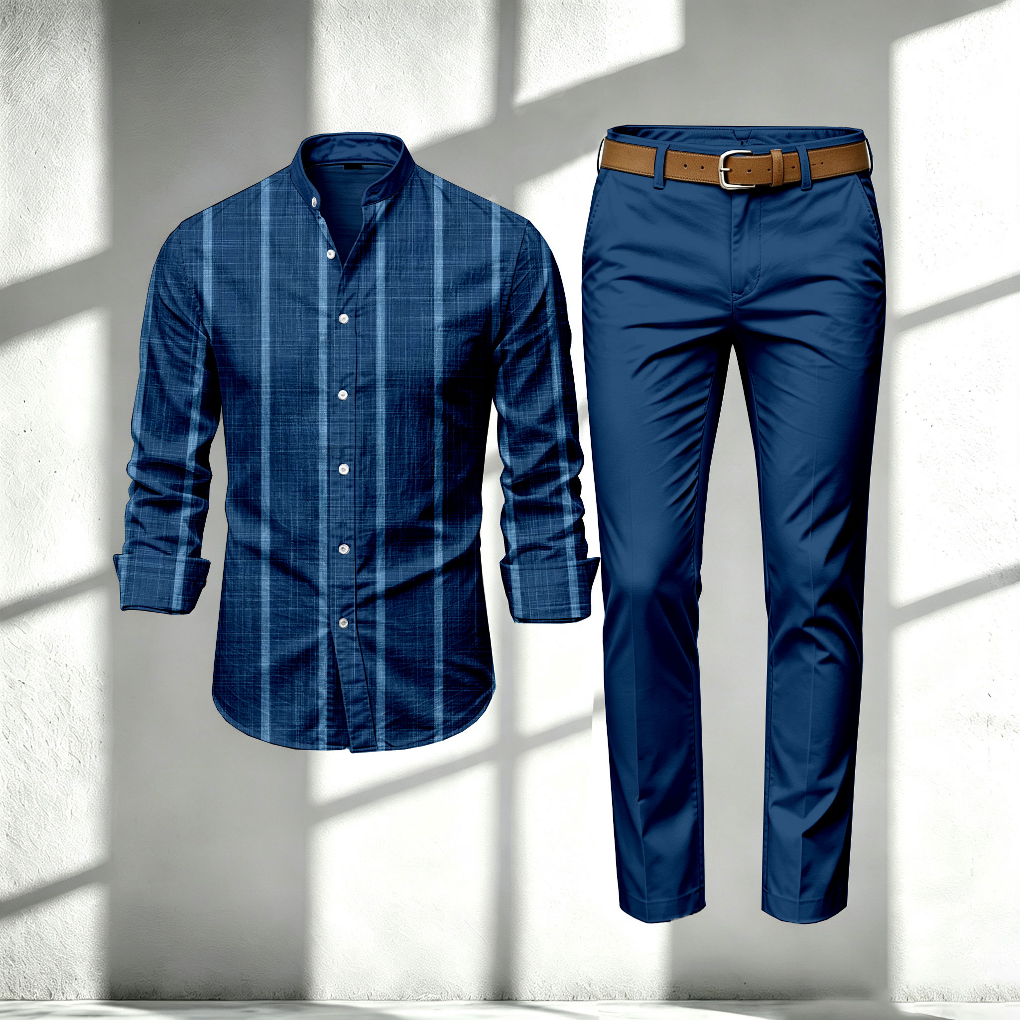para hombre a rayas Print Stand-Collar de manga larga camisa and pantalón Set
