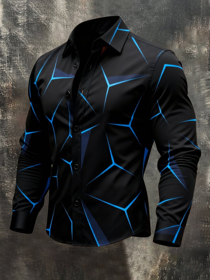 Camisa vintage Color-Block estampado de manga larga para hombre