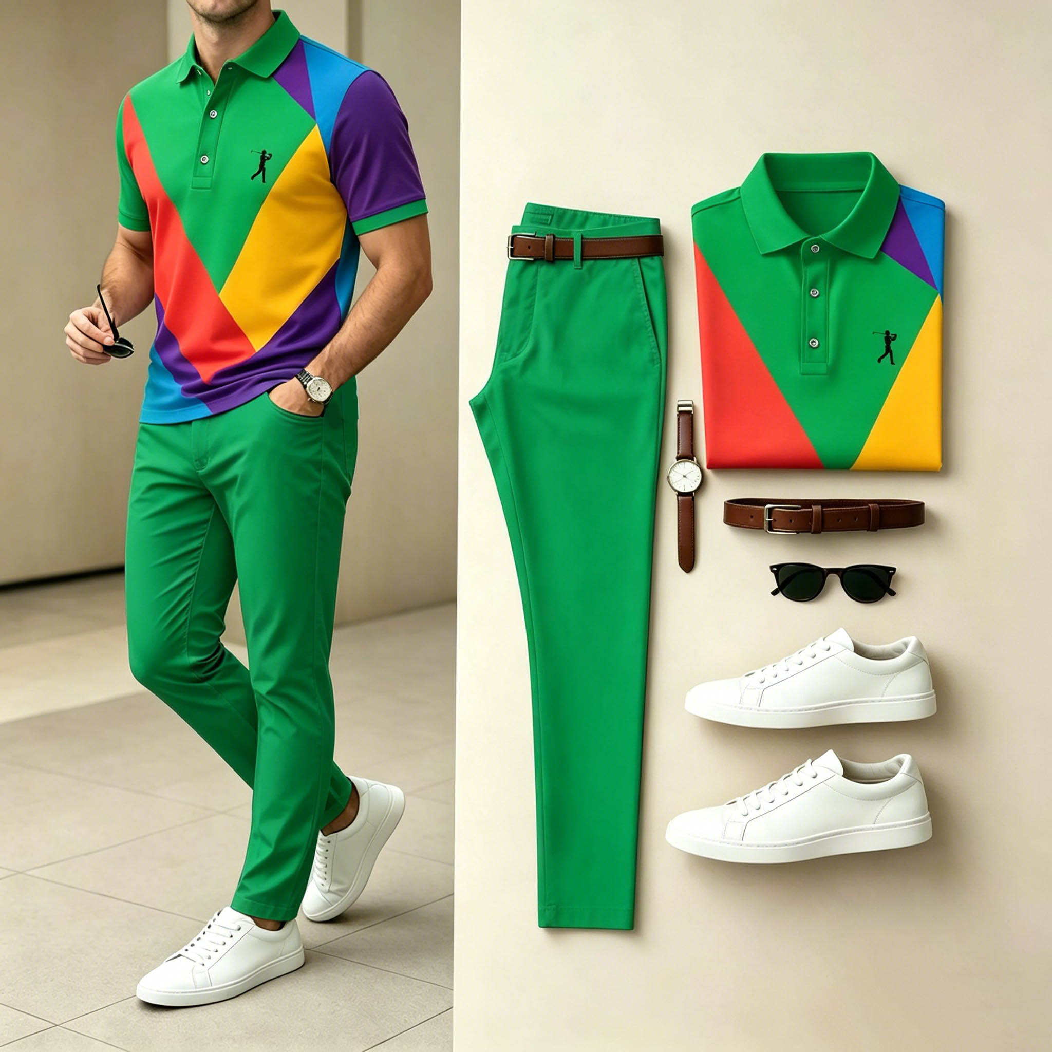 Conjunto de dos piezas casual Multien bloques de color estampado camisa polo & pantalón para hombre
