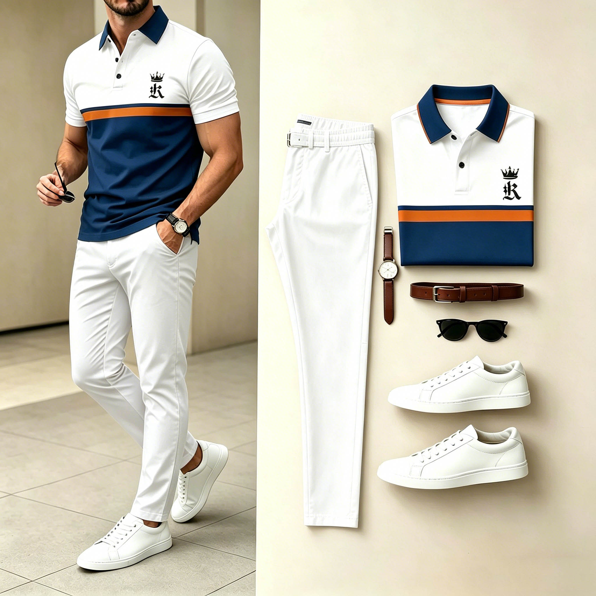 Conjunto de dos piezas casual White Navy en bloques de color Logo estampado camisa polo & White pantalón para hombre