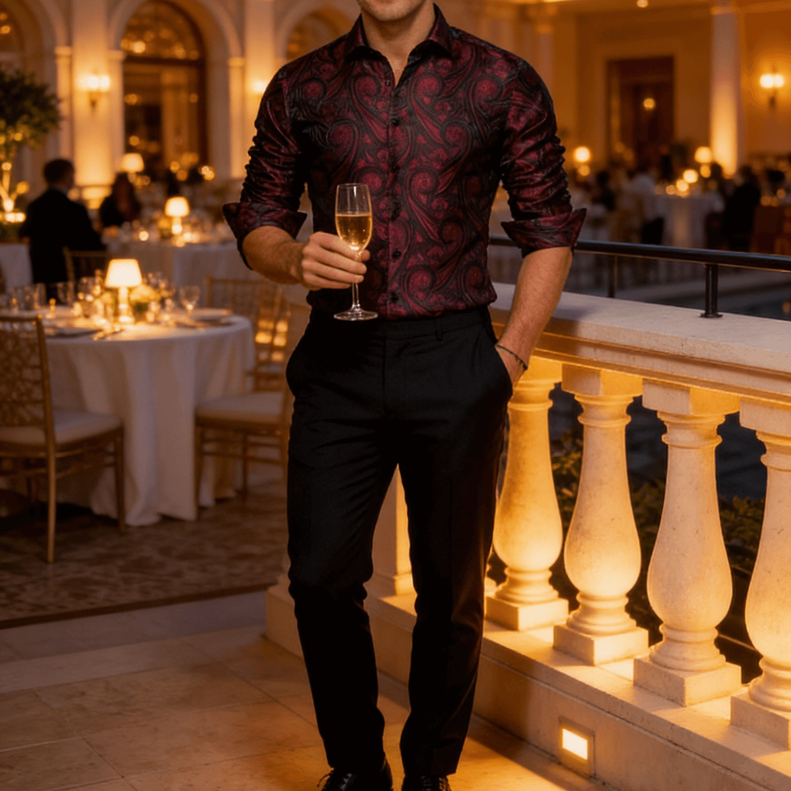 Camisa Mens Western seda Burgundy Paisley de manga larga con botones camisa de chalecoir