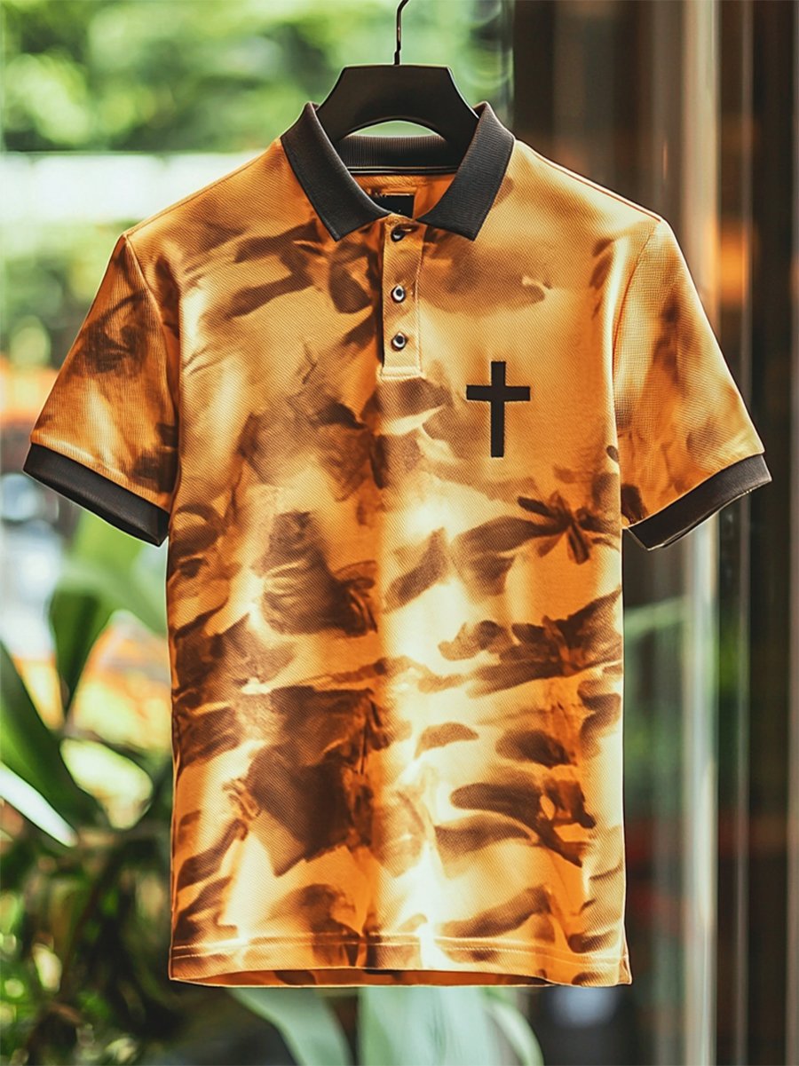 Camisa polo ejecutivo casual Cross estampado Button de manga corta para hombre