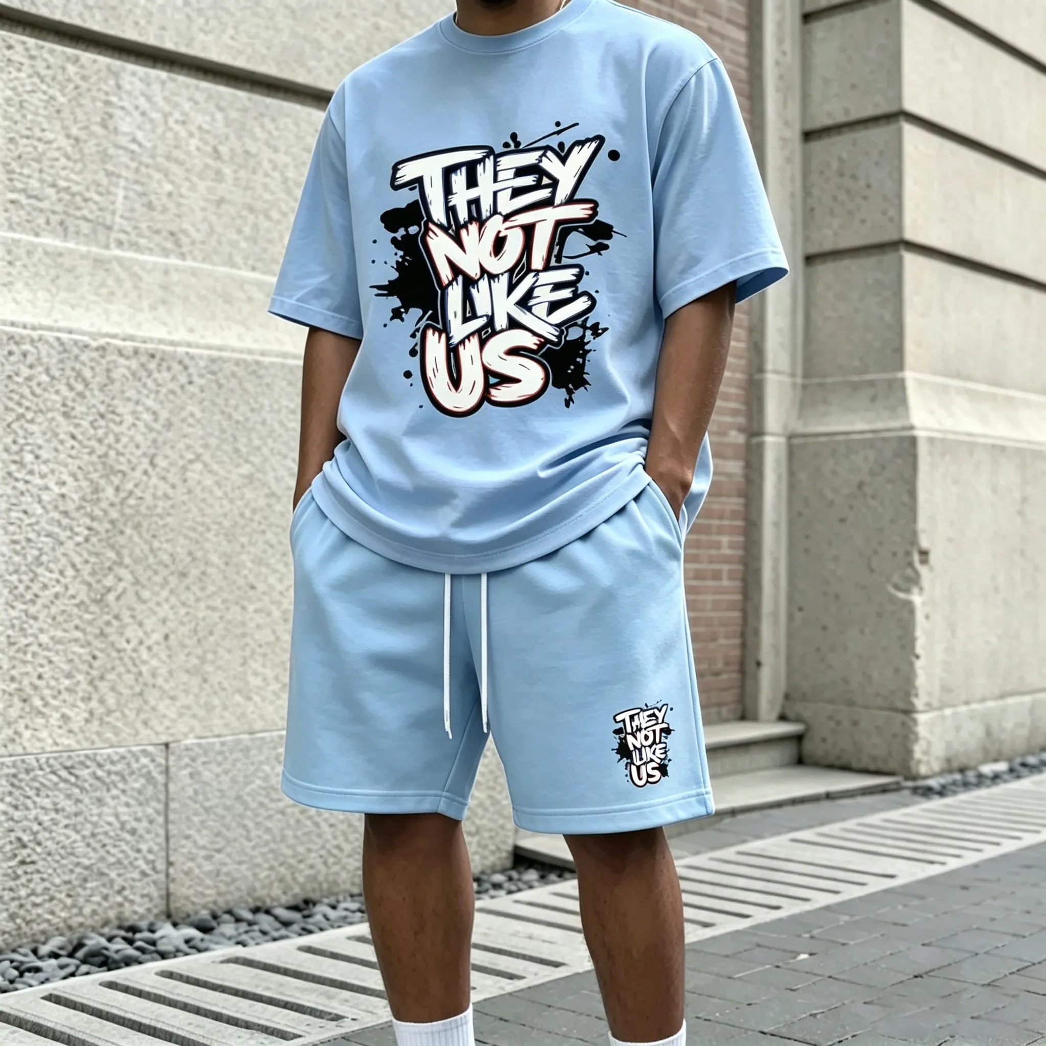 para hombre Letter-Print Round-Neck de manga corta camiseta and shorts Set