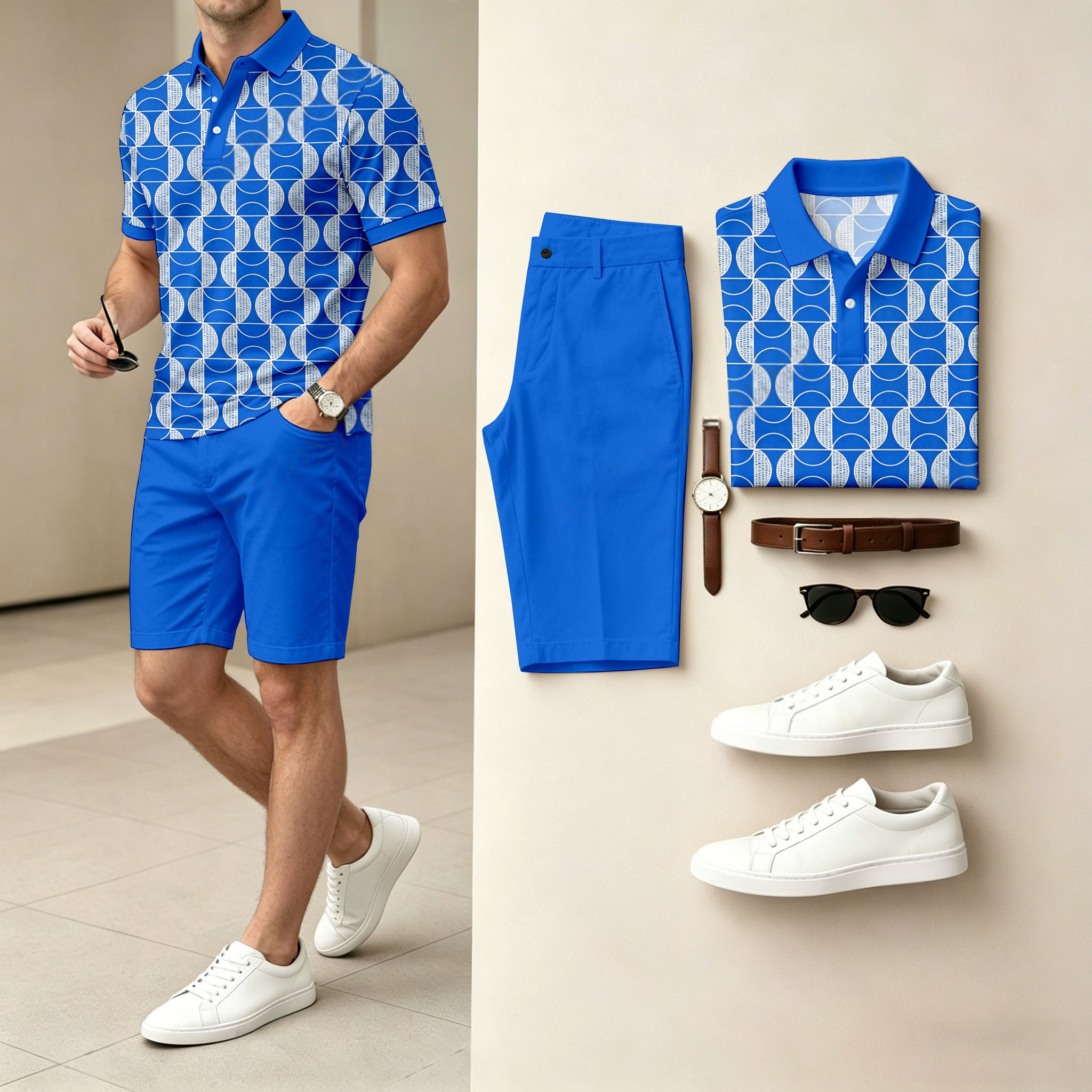 Conjunto de dos piezas casual Checkered estampado camisa polo And shorts (Does Not Include Watch, Belt, Or Accessories) para hombre