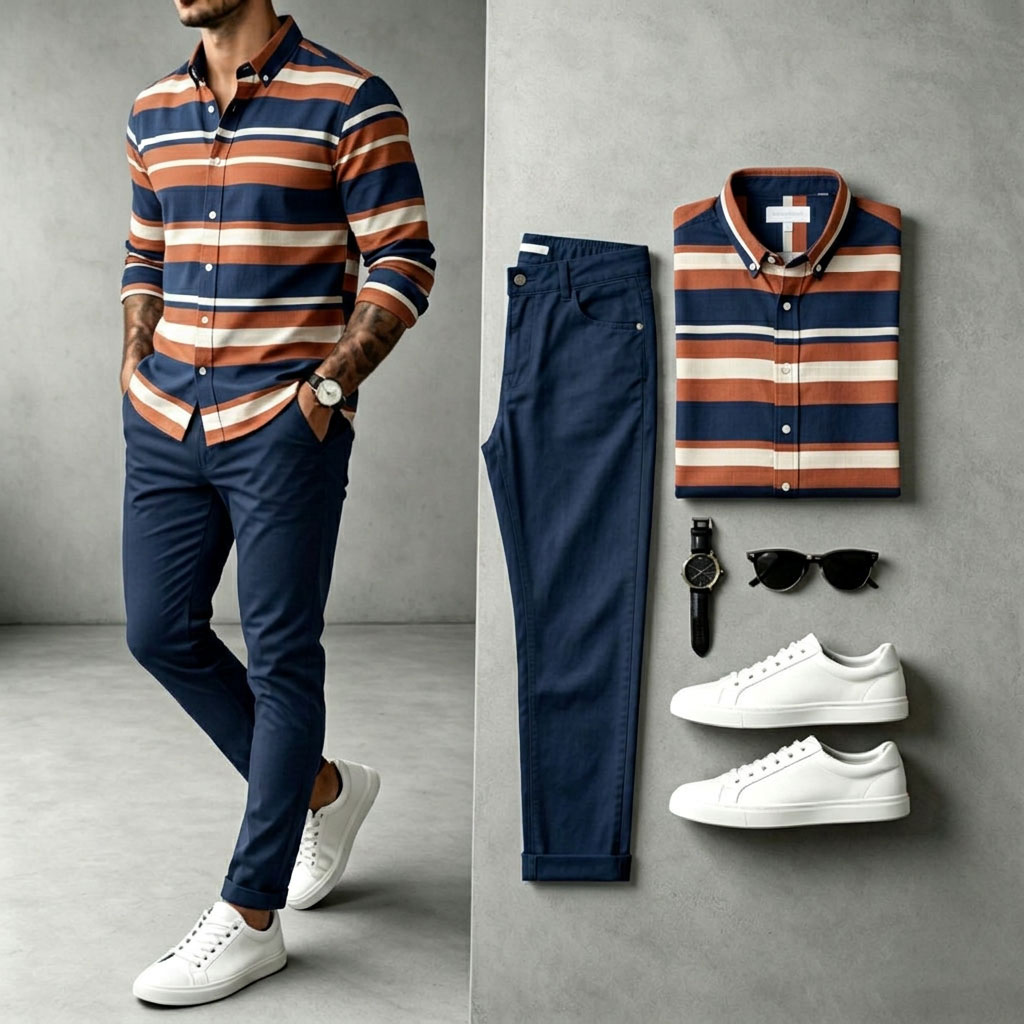 Camisa a rayas de manga larga and pantalón Set para hombre