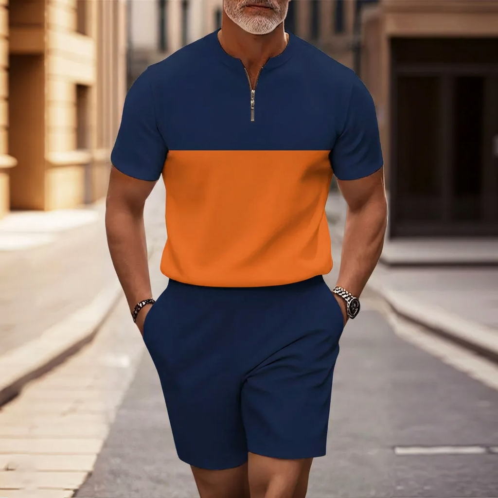 Conjunto de dos piezas casual Blue & Orange estampado de manga corta camisa And shorts para hombre