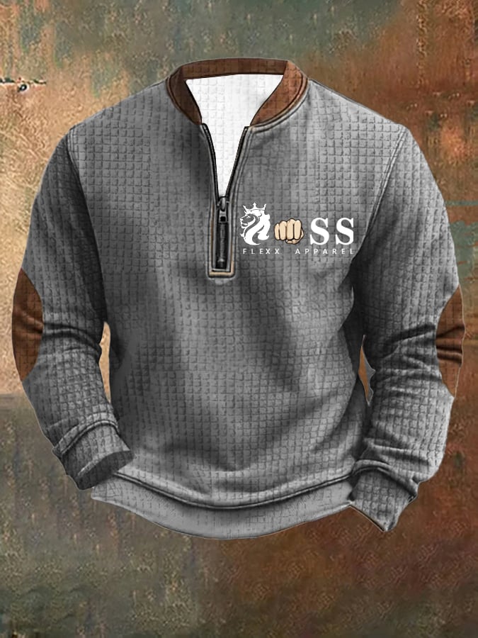 Sudadera retro Letter Design estampado cierre cuello Square jacquard para hombre