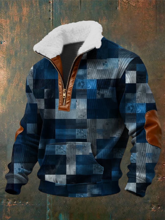 Sudadera retro Abstract Art estampado cierreed Fur cuello bolsillo Patchpara trabajo de manga larga para hombre