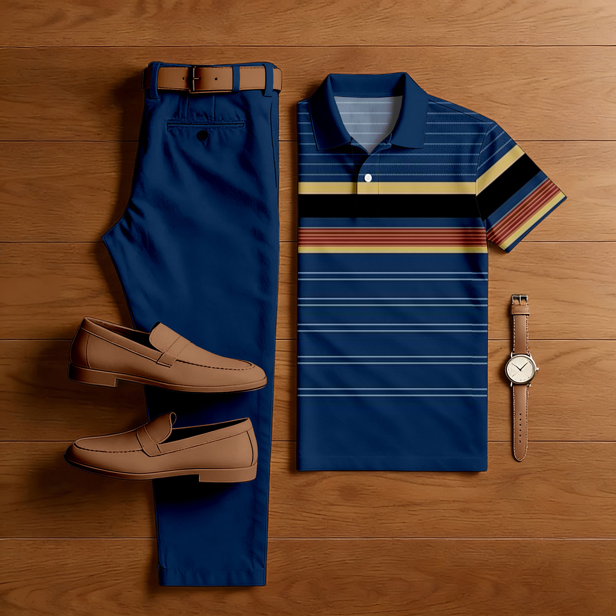Conjunto de dos piezas casual Royal Blue & Multi Color Matching a rayas estampado de manga corta camisa polo & Trousers para hombre
