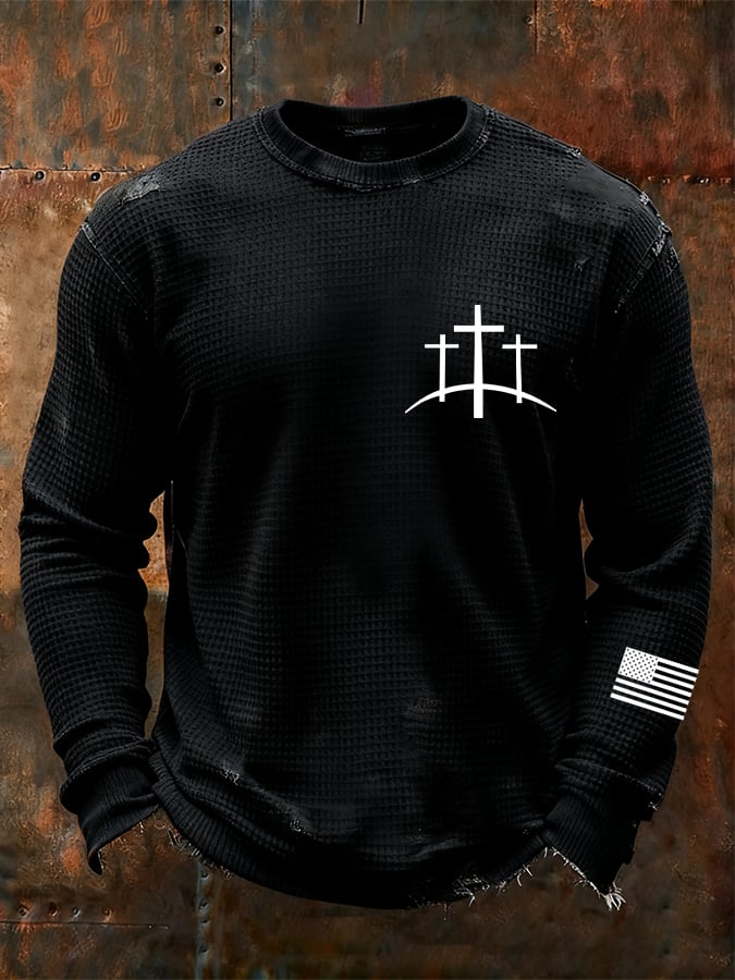 Camiseta vintage Faith Cross Design Waffle Fabric de manga larga para hombre