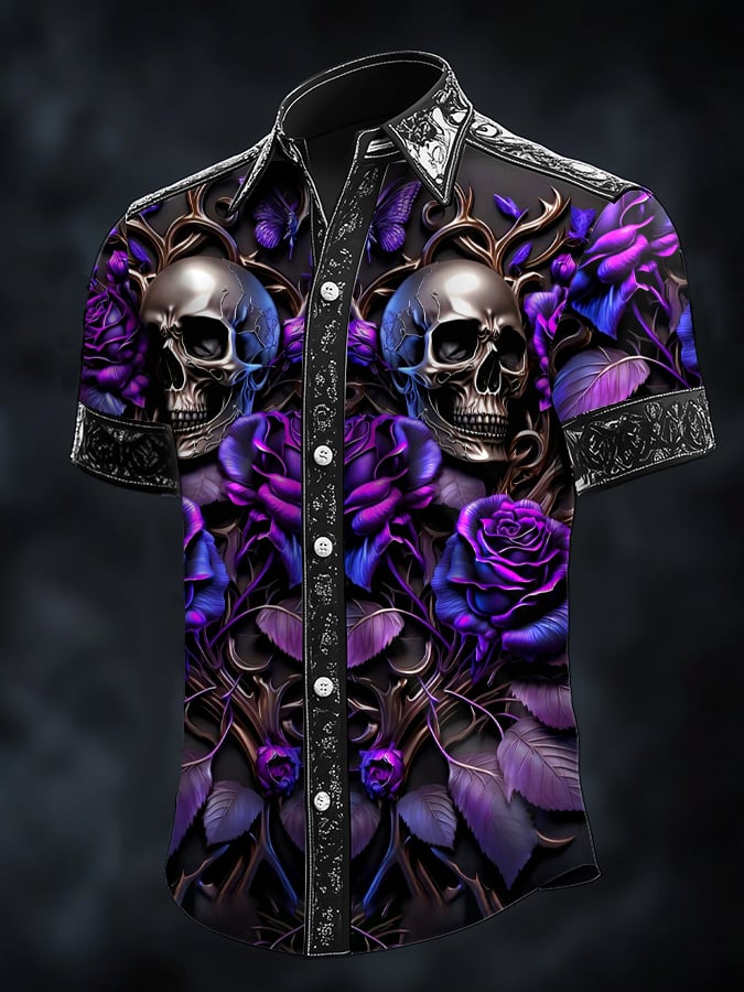 Camisa Dark Skull estampado satén de manga corta para hombre