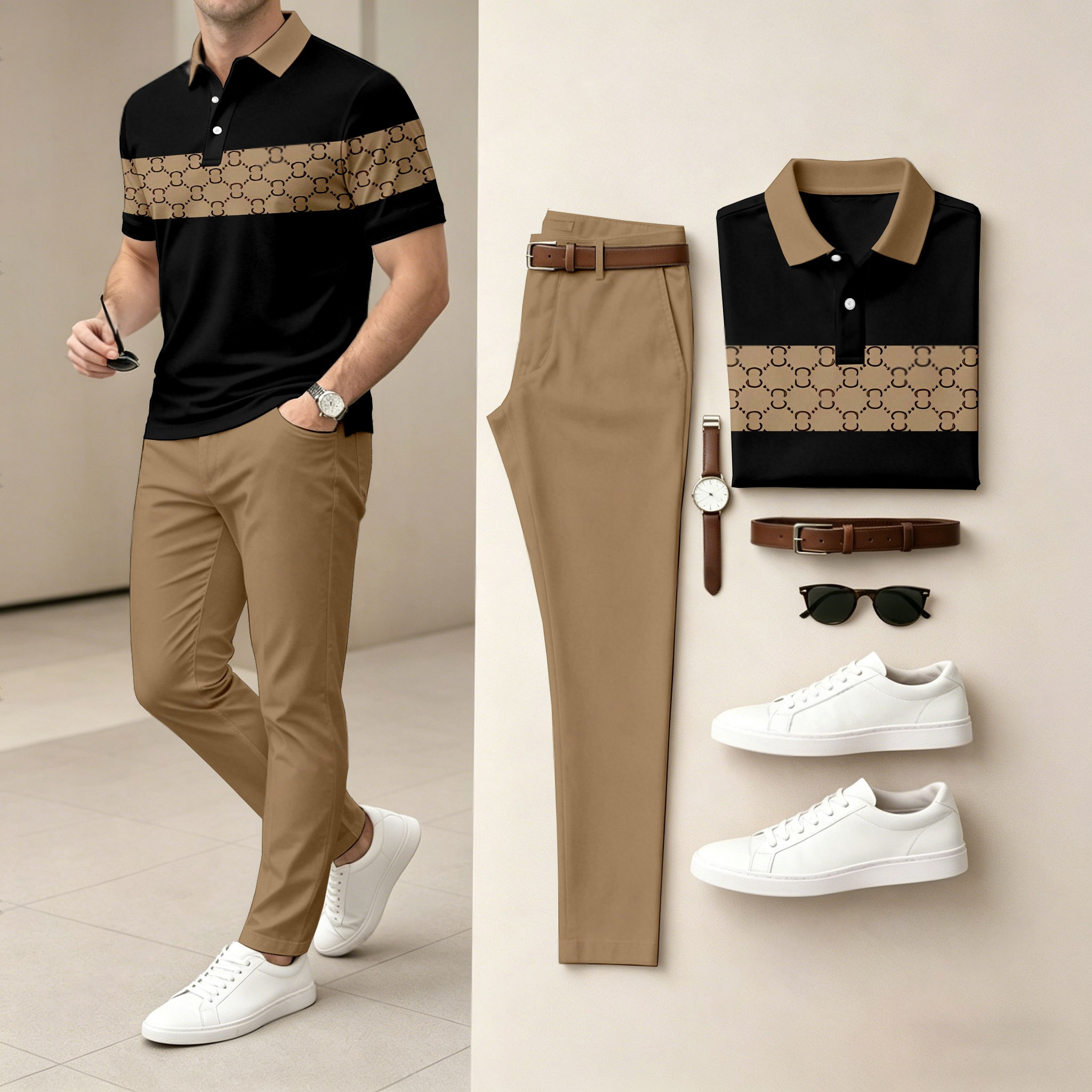 para hombre casual Black & Brown Plaid estampado camisa polo And pantalón conjunto de dos piezas