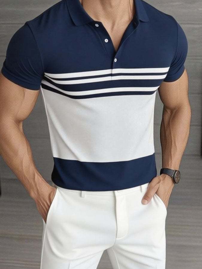 Camisa polo casual clásico a rayas estampado ejecutivo de manga corta para hombre - vista 1