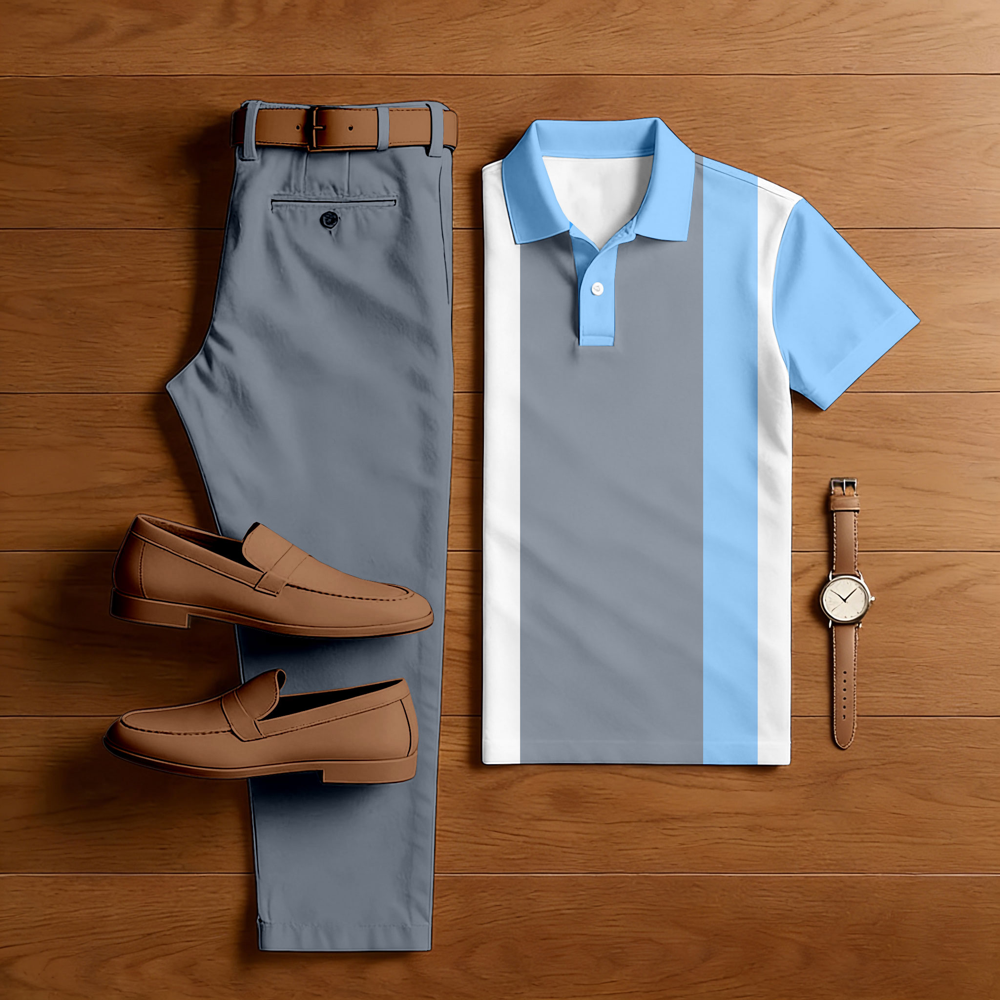 Conjunto de dos piezas casual Blue & Gray Geometric Shapes estampado camisa polo And pantalón para hombre