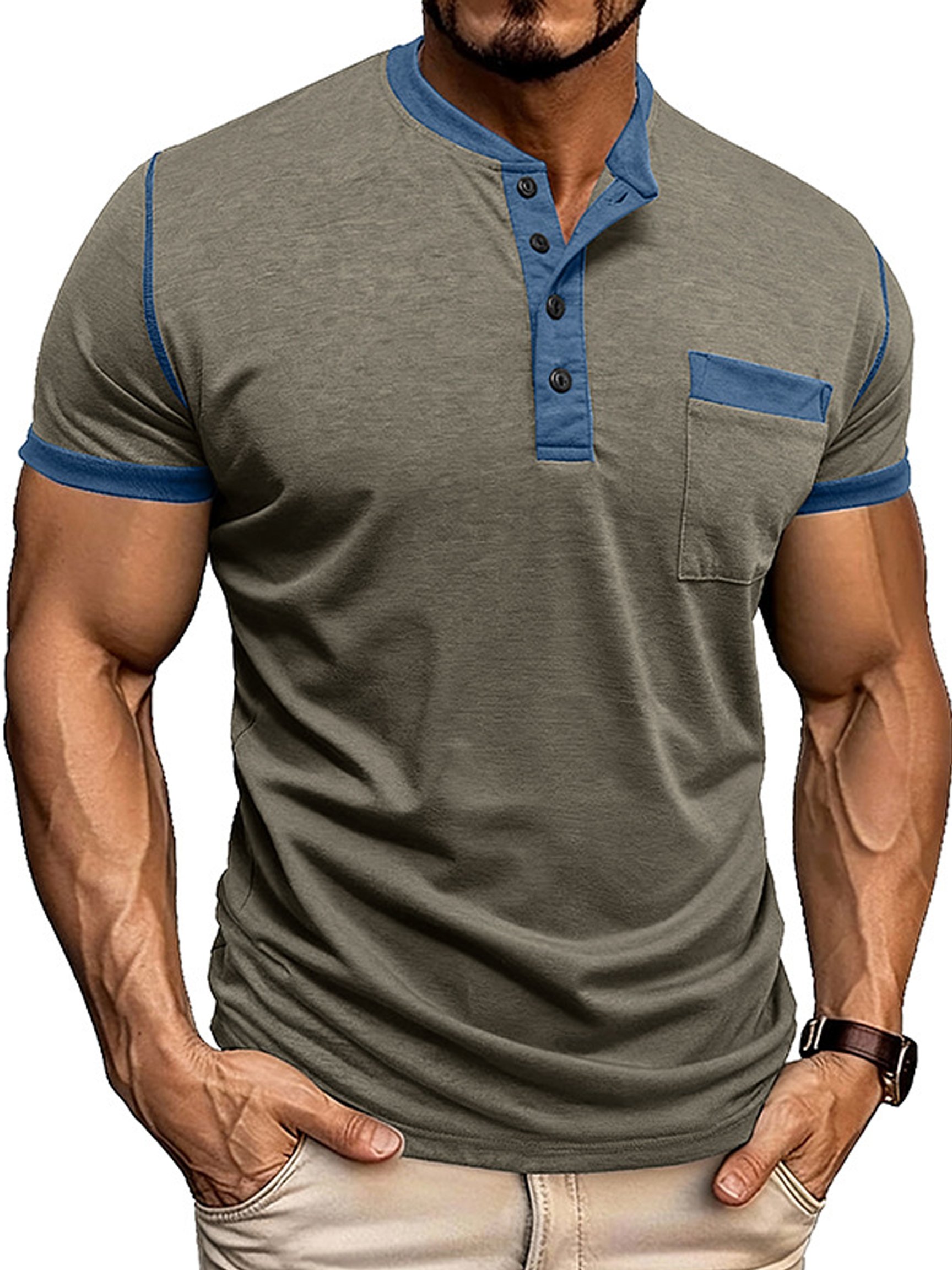 Camiseta vintage Comfortable Henley Neck de manga corta para hombre