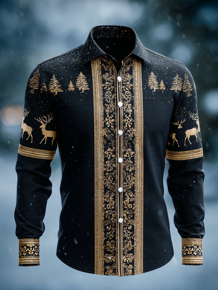 Camisa ejecutivo de lujo retro Christmas Elk Snowflake de manga larga para hombre