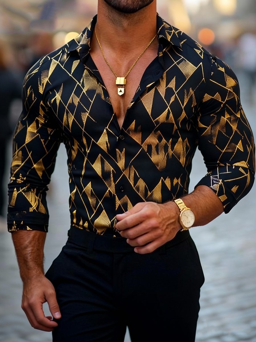 Camisa de lujo ejecutivo geométrico estampado de manga larga para hombre