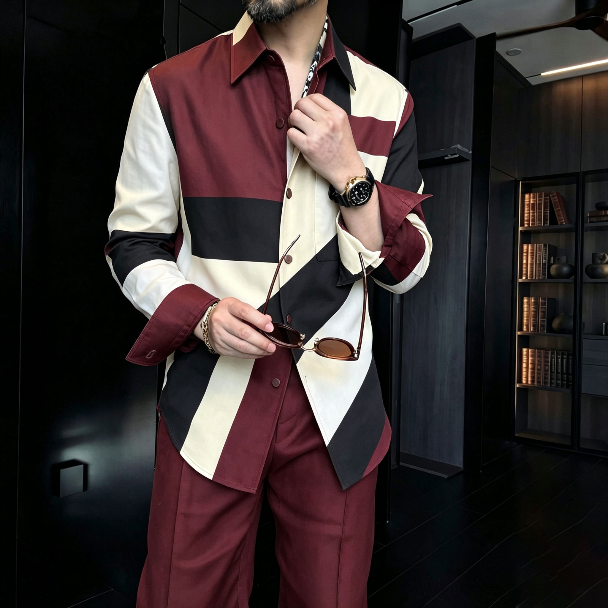 Conjunto de dos piezas casual Asymmetrical Color-Block estampado Lapel de manga larga camisa and pantalón para hombre
