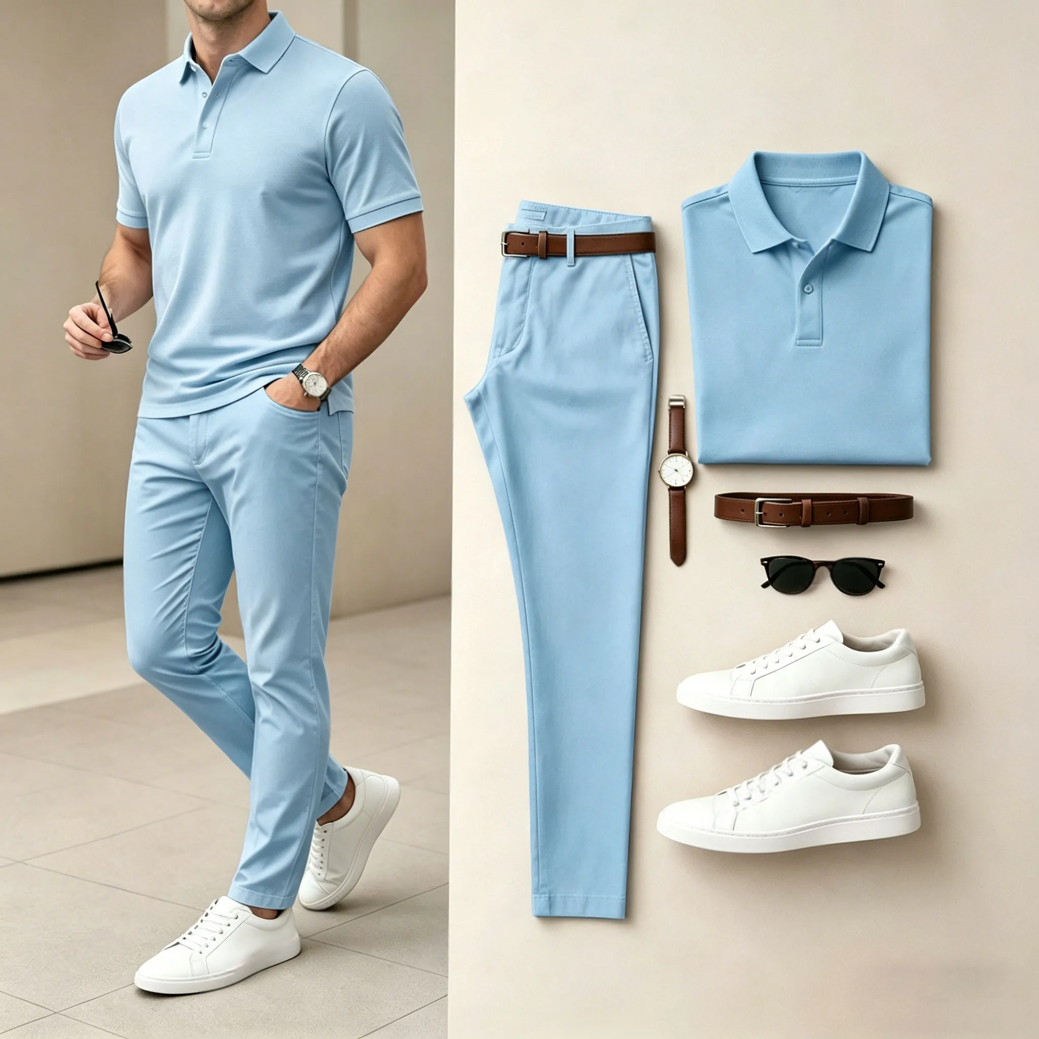 Conjunto de dos piezas casual Pure Blue estampado camisa polo And pantalón para hombre
