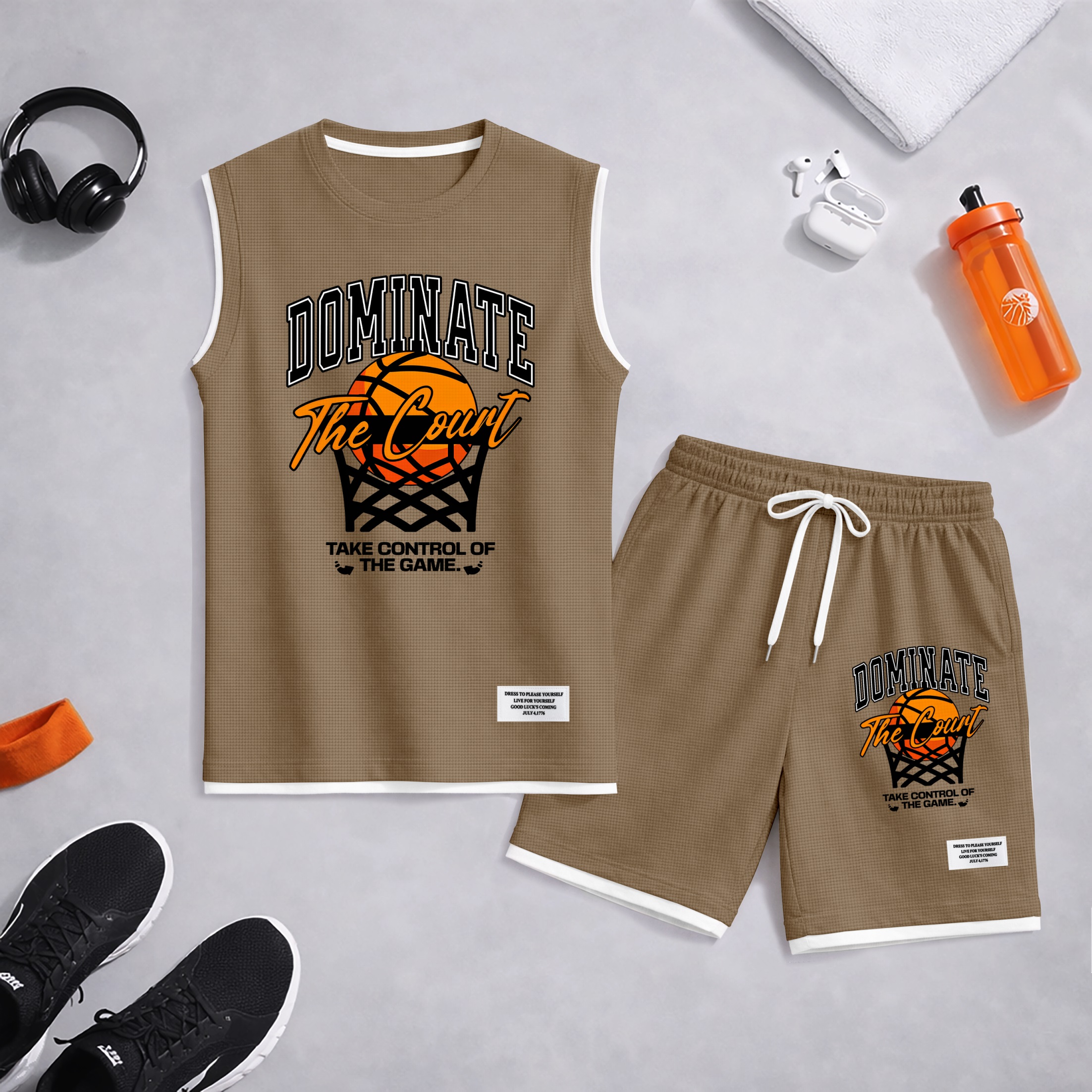 Shorts Basketball Graphic estampado Summer Set Sleeveless Tank Top & Matching Outfit, “Dominate The Court” Letter estampado with Hoop & Ball Design, Lightweight casual Streetwear Athletic Set for Everyday & para trabajoout para hombre