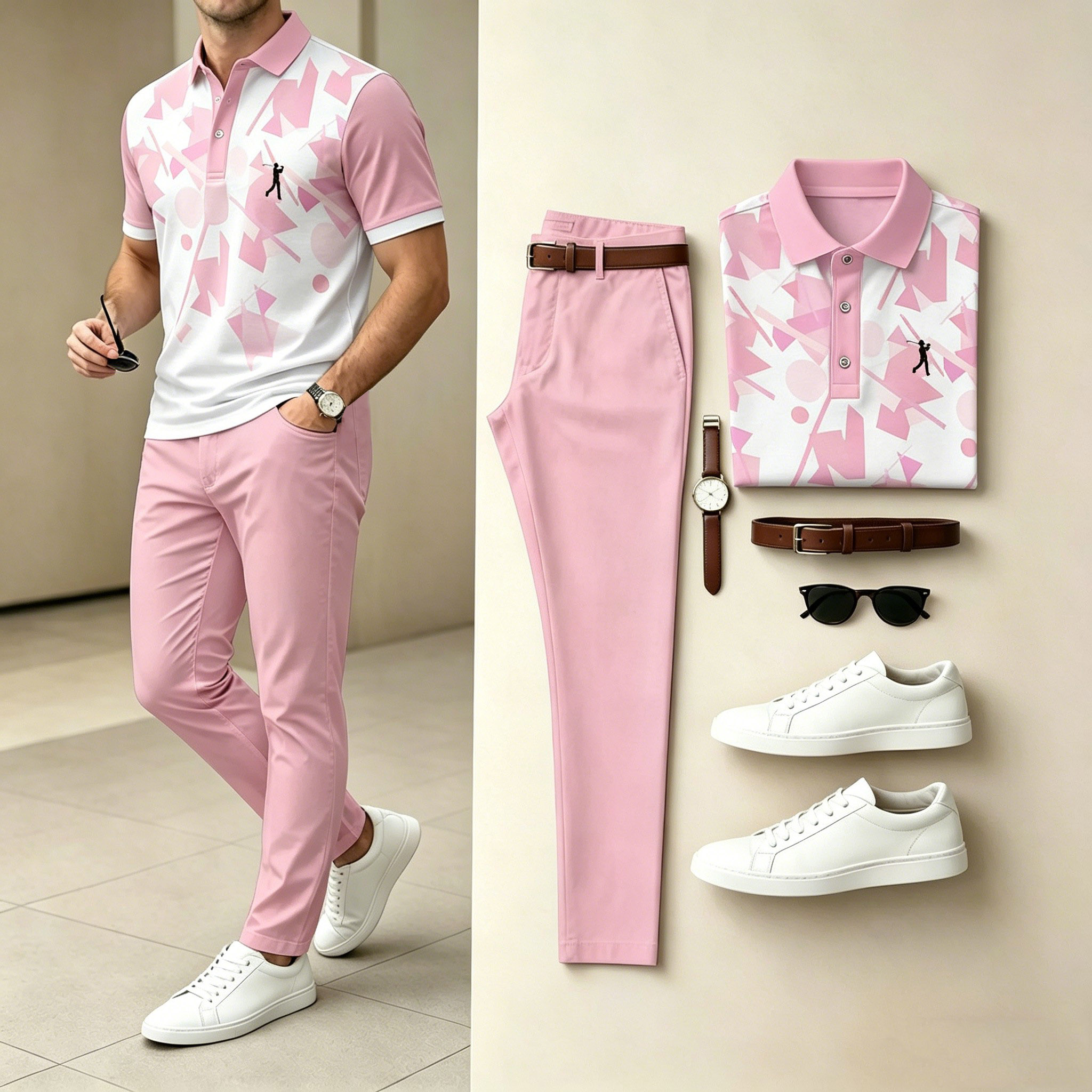 Conjunto de dos piezas casual Pink Abstract estampado camisa polo & pantalón para hombre