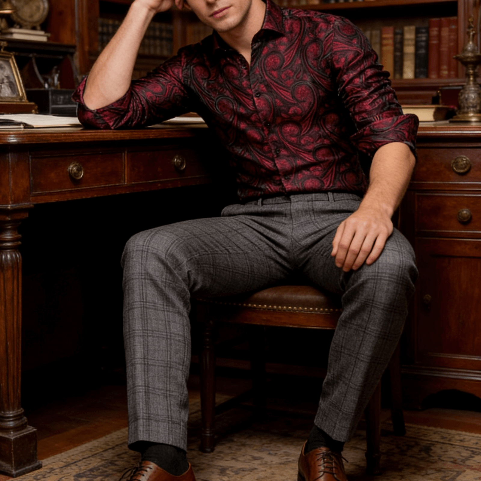 Camisa Mens Western seda Burgundy Paisley de manga larga con botones camisa de chalecoir