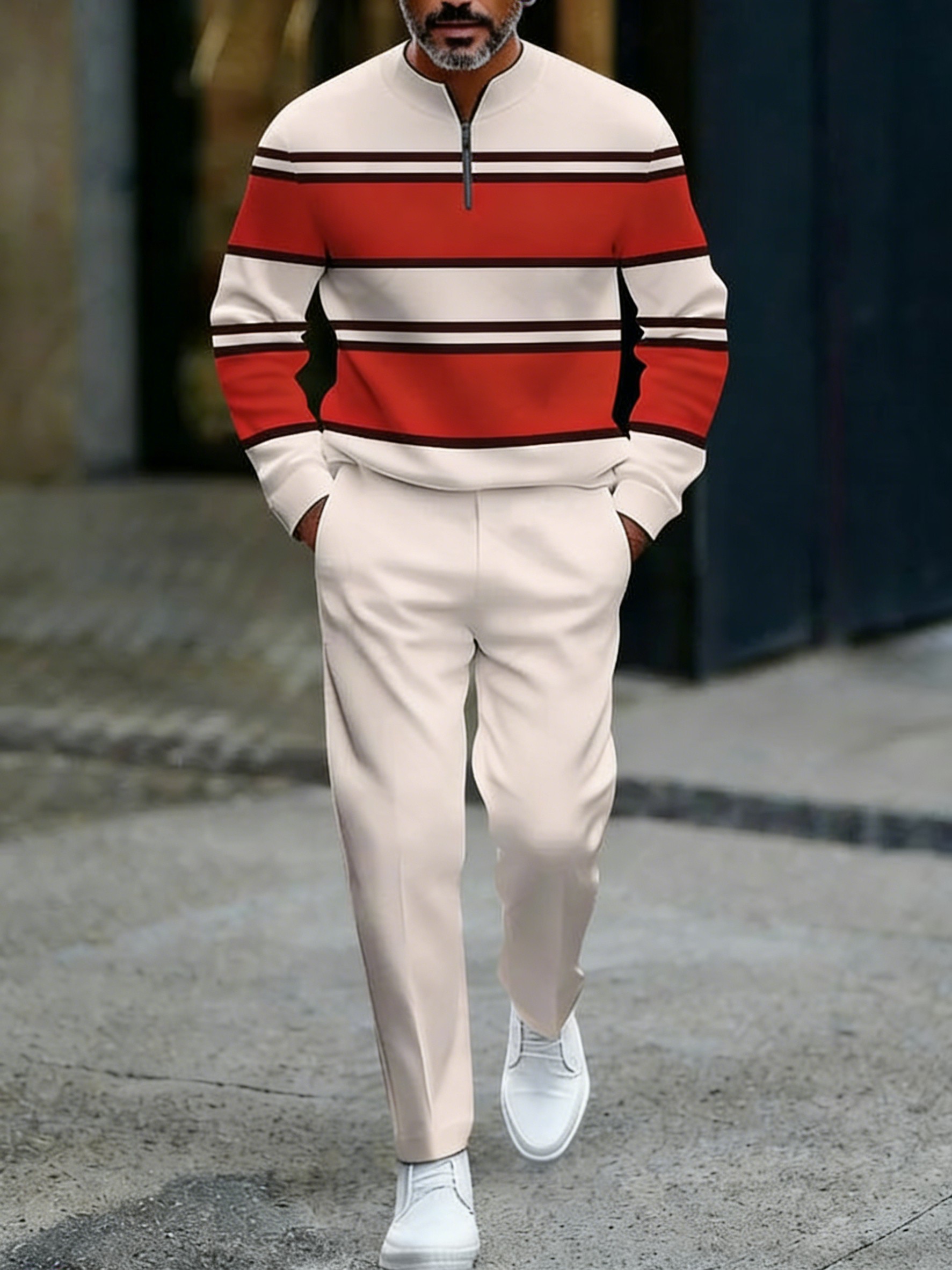Conjunto de dos piezas casual Apricot & Red Color Matching a rayas estampado Round-Neck cierre de manga larga Tops & Trousers para hombre