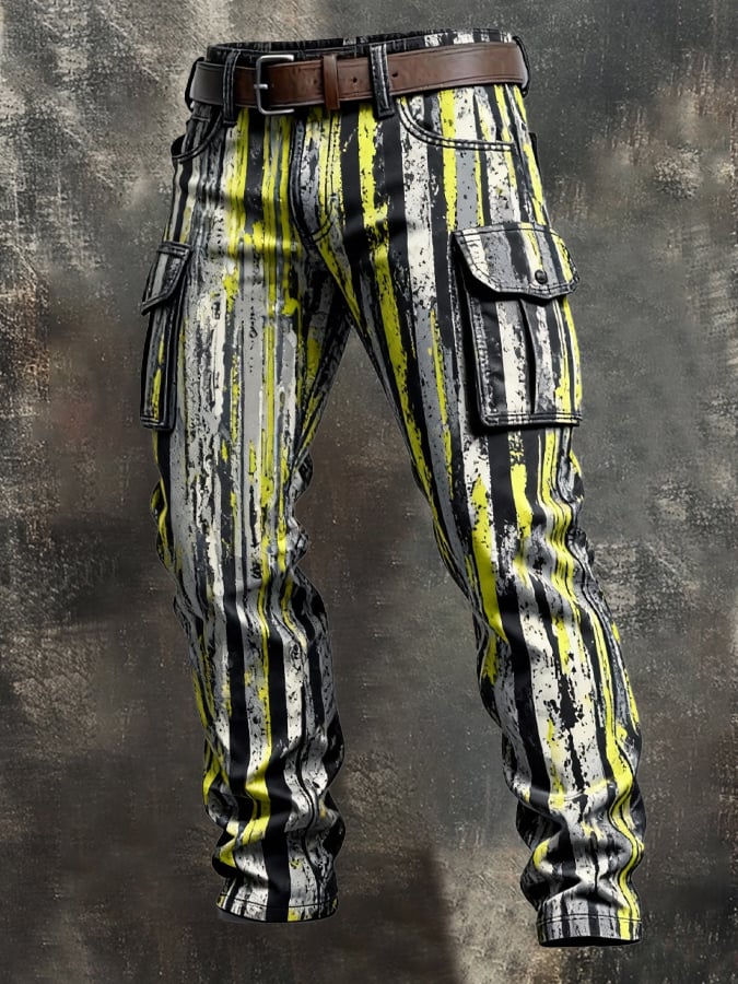 Pantalón retro en bloques de color desgastado bolsillo Cargo para hombre