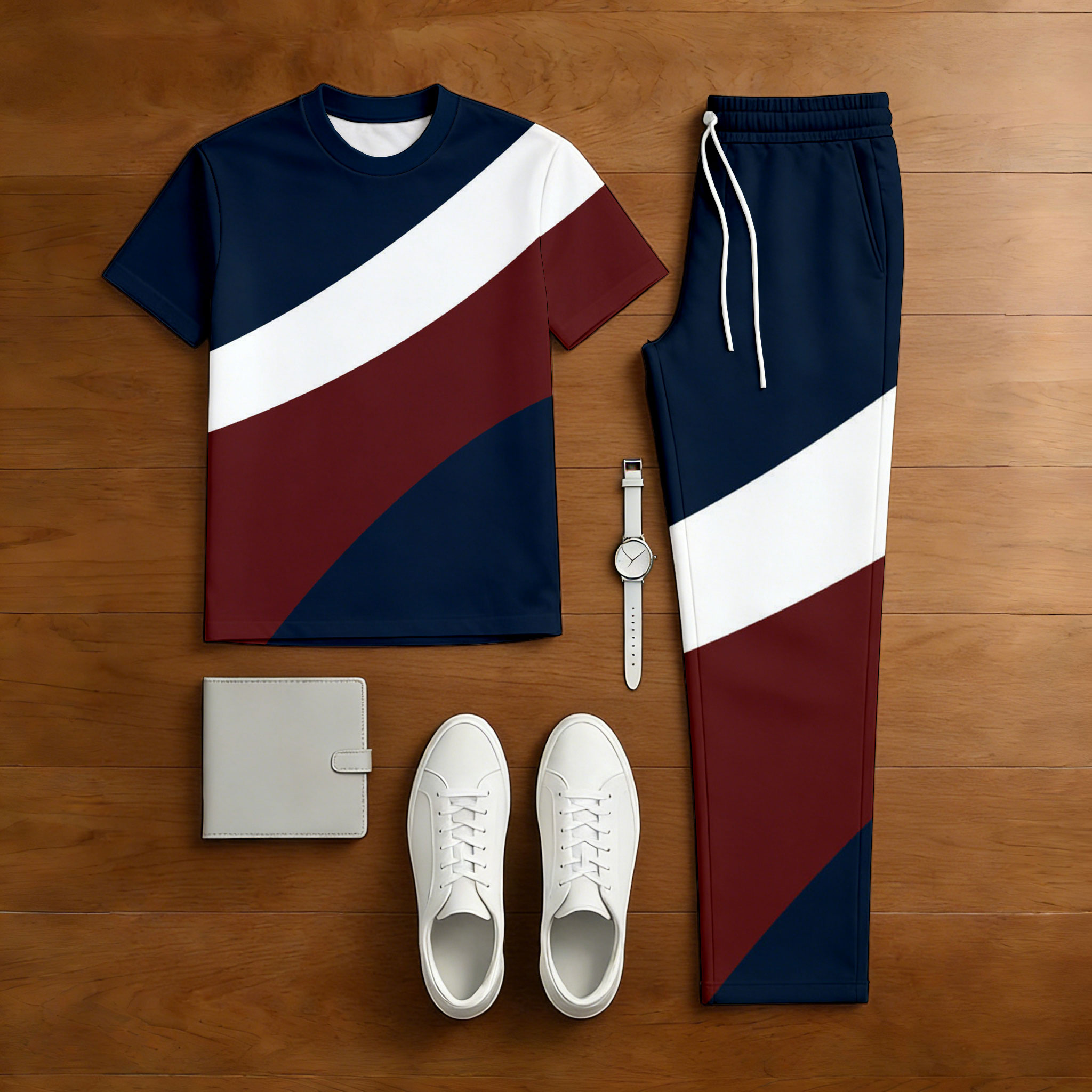 Conjunto de dos piezas casual Color Matching estampado de manga corta camiseta & Trousers para hombre