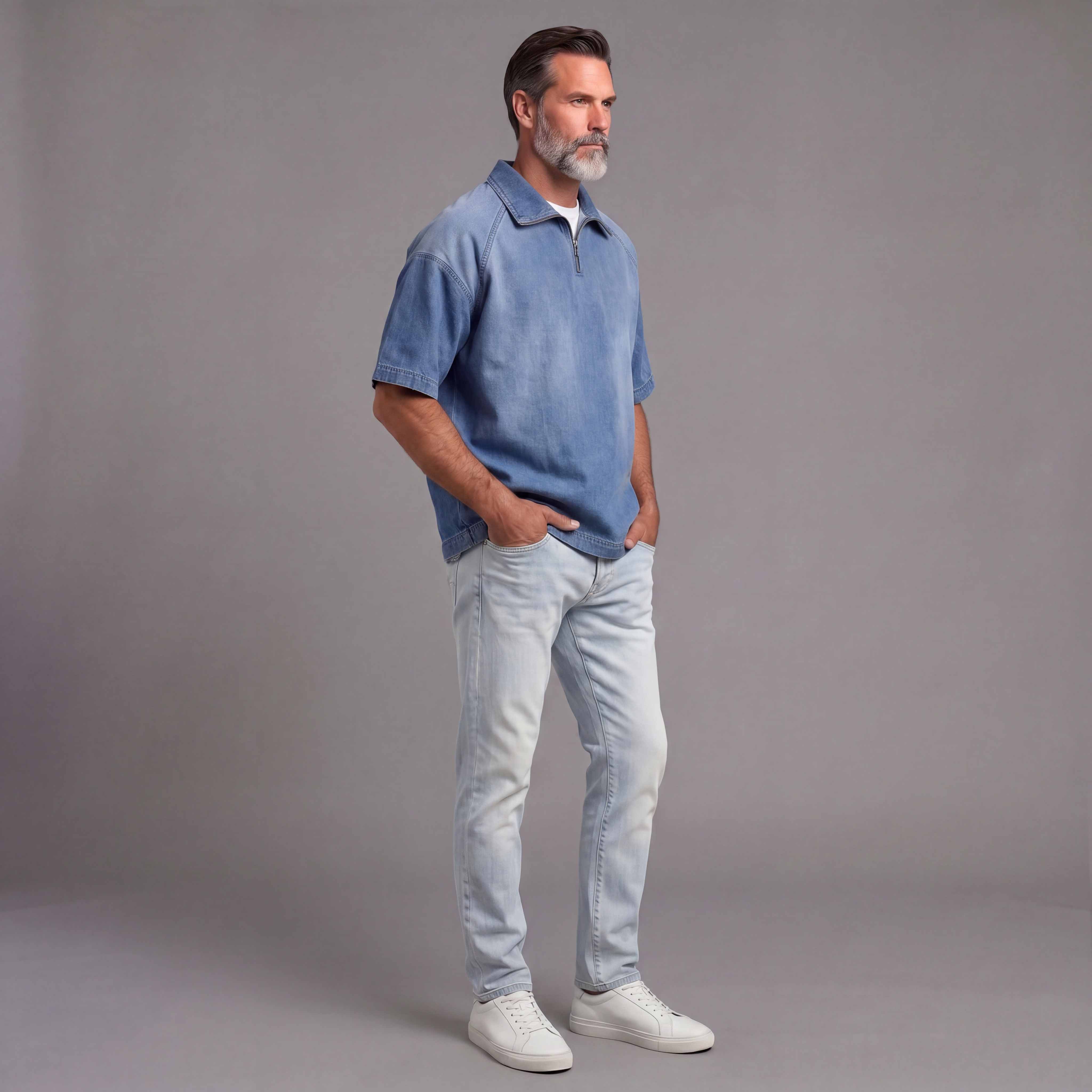 Camisa desgastado Denim de manga corta With Zipper Collar para hombre