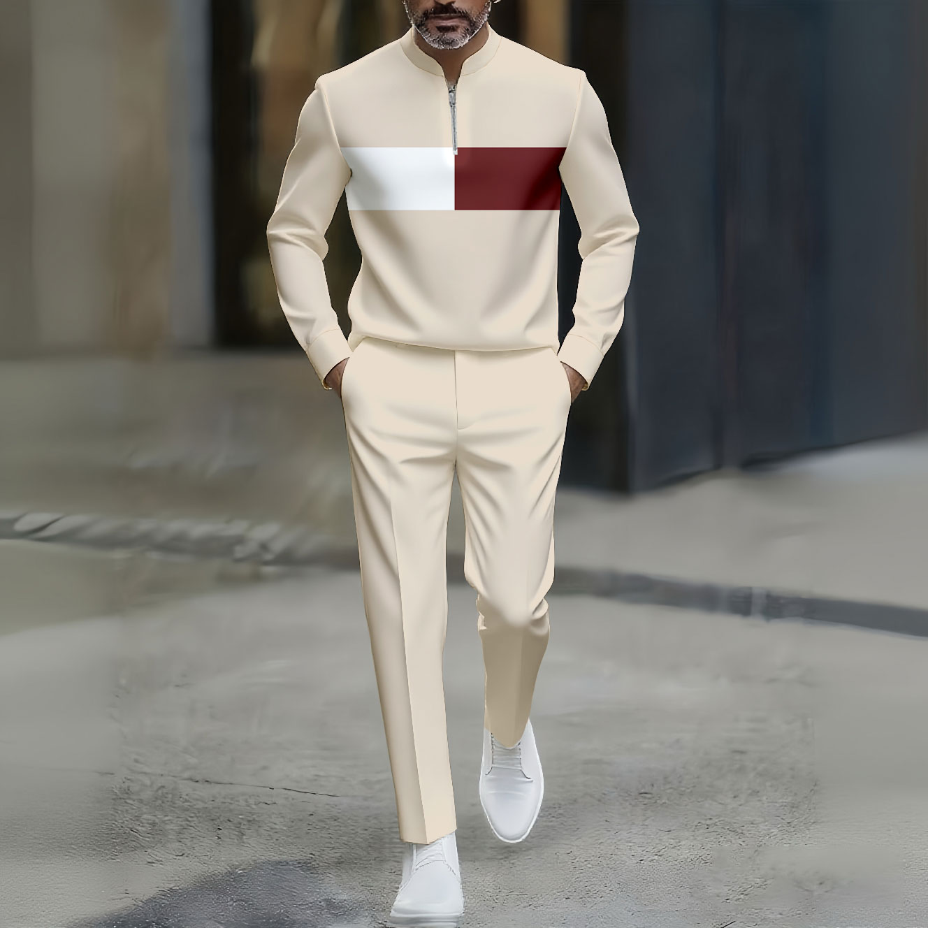 Conjunto de dos piezas casual White & Maroon Color Matching estampado Round-Neck Zipper de manga larga Trousers Apricot para hombre