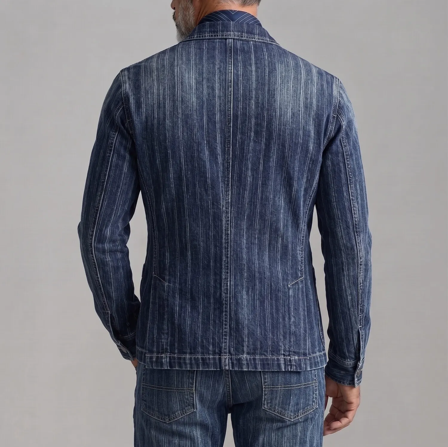 para hombre Navy Blue a rayas Denim Peak Lapel Asymmetric Single Breasted saco
